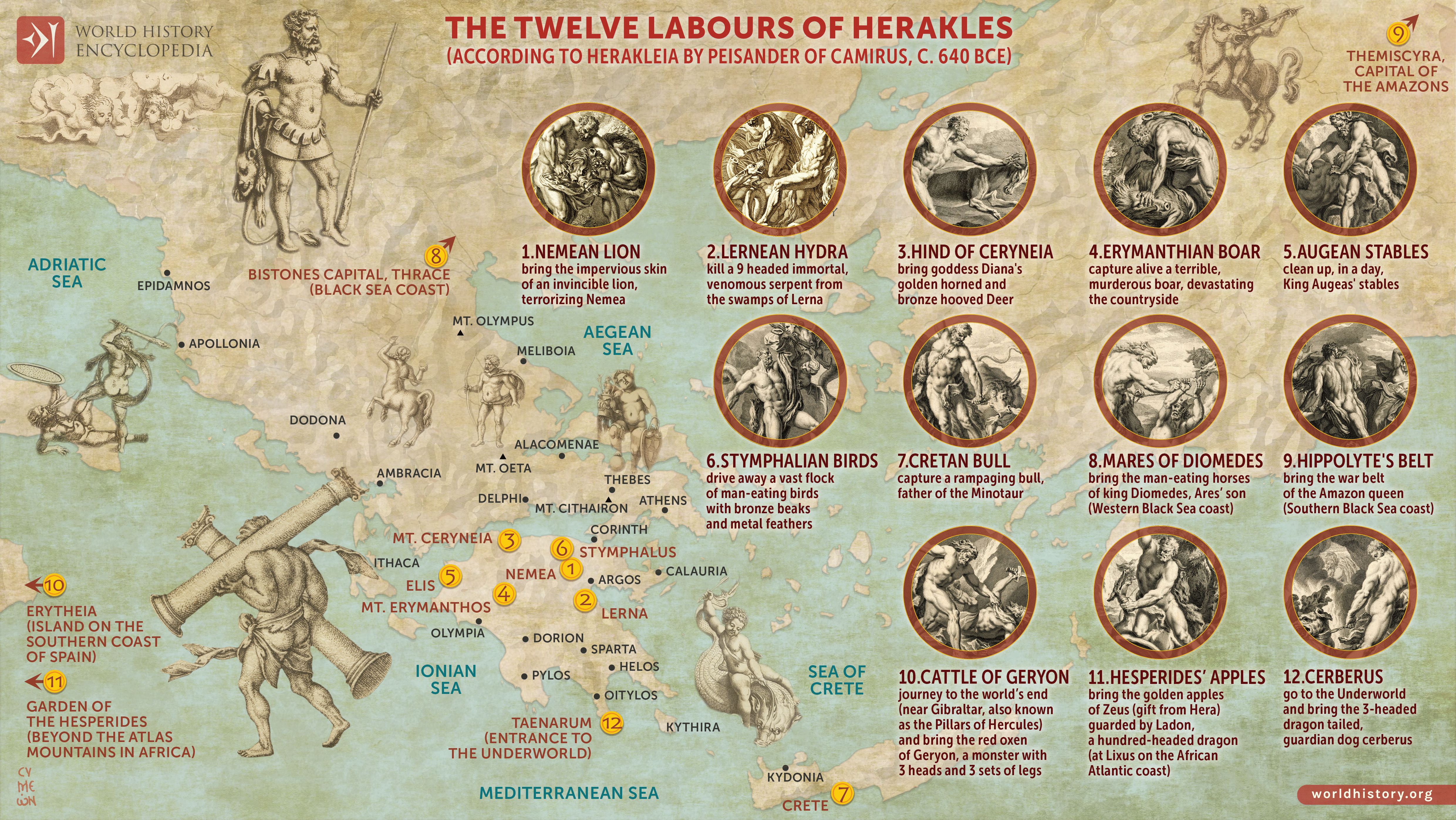 Map showing locations of all twelve labours of Heracles