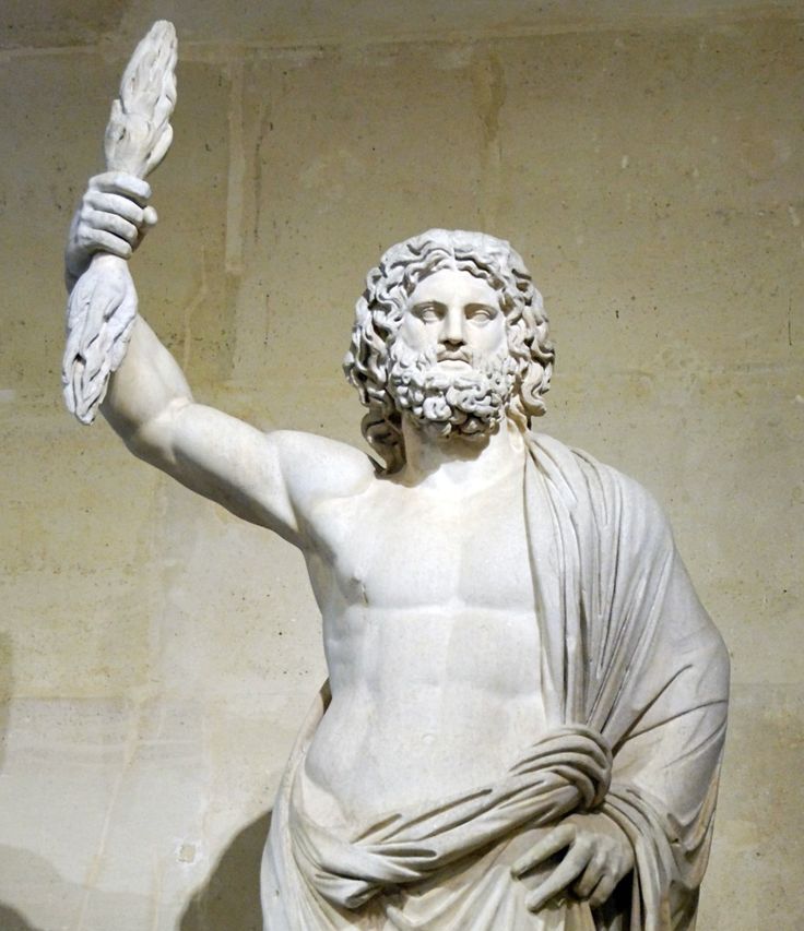 Classical statue of Zeus holding thunderbolt